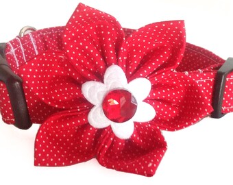 Red and White Polka Dot Flower Collar for Dogs and Cats