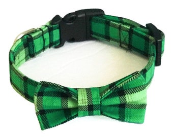 Green and Black St. Patrick's Day Plaid Collar with Bow Tie for Dogs and Cats in Buckled or Martingale Design // Matching Plaid Leash Option