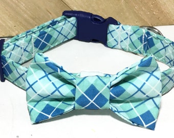 Blue & Green Plaid Bow Tie Collar for Dogs or Cats /Argyle Collar and Bow Tie / Martingale Option/ Metal Buckle Upgrade