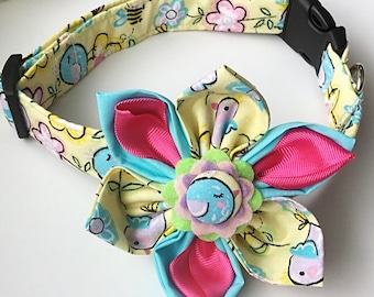 Yellow Spring Bird Collar and Matching Flower for Dogs and Cats