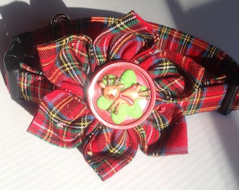 Red Tartain Plaid Christmas Collar and Flower for Female Dogs and Cats