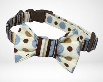 Blue & Brown Striped with Dots Bow Tie Collar for Dogs and Cats - Available Upgrades