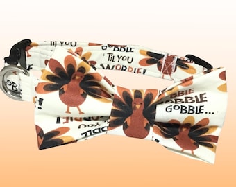 Thanksgiving Turkey Dog or Cat Bow Tie Collar - Buckle or Martingale Style - Holiday Pet Collar Set