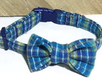 Blue & Green Plaid Bow Tie Collar for Dogs or Cats /Plaid Collar and Bow Tie / Martingale Option/ Metal Buckle Upgrade