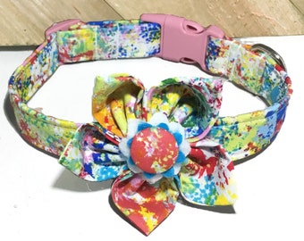 Abstract Paint Spatter Collar & Flower for Dogs and Cats in Buckled or Martingale Style /Rainbow Collars/ Buckle Upgrade/ Leash Upgrade