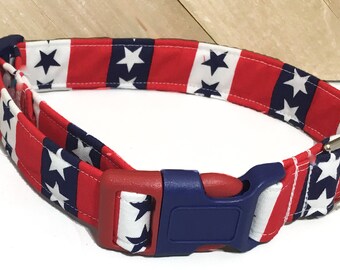 Patriotic Stars & Stripes Collar in Red White and Blue With Red or Blue Buckle / Buckled or Martingale/ Leash Upgrade/ Metal Buckle Upgrade
