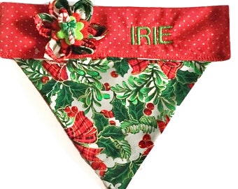 Red and Green Mistletoe and Holly Christmas Dog or Cat Bandana with Personalization Option// Side Flower//Over Collar Bandana//XXS-XL