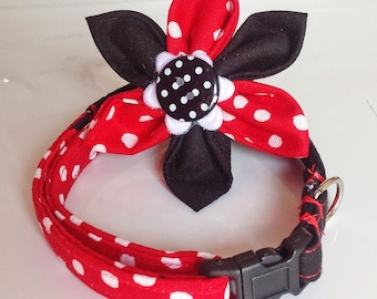 Red Polka Dot & Black Collar with Flower for Dogs and Cats
