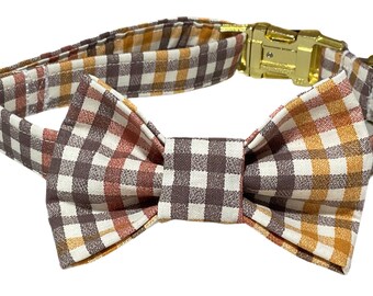 Brown & Orange Fall Plaid Bow Tie Collar for Dogs and Cats with Brown Buckle -Thanksgiving Collar Set- Leash Upgrade