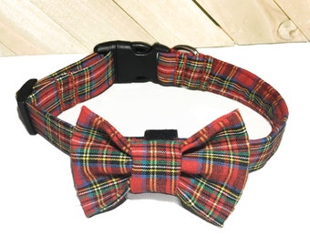Red Plaid Christmas Dog Collar & Bow Tie for Male Dogs or Cats in Buckled or Martingale Style