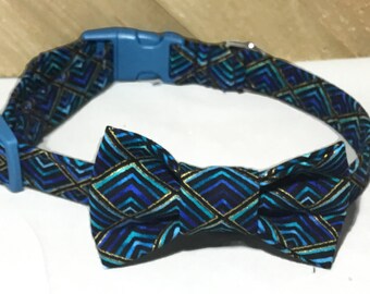 Blue & Gold Peacock Geometric Bow Tie Collar for Dogs or Cats / Diamond Collar and Bow Tie / Martingale Option