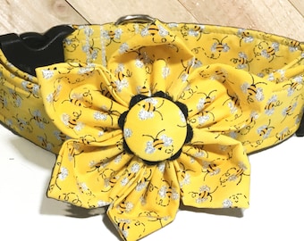 Yellow Bumble Bee Collar With Flower Set in Buckled or Martingale Style / Bumble Bee Leash Upgrade / Metal Buckle Upgrade