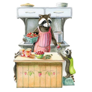 Racoon Making Strawberry Jam Greeting Card