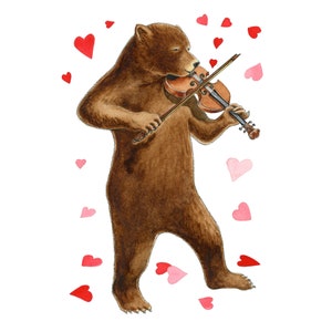 Carte de voeux ours brun, l'amour est dans l'air, carte de musique ours faisant de la musique
