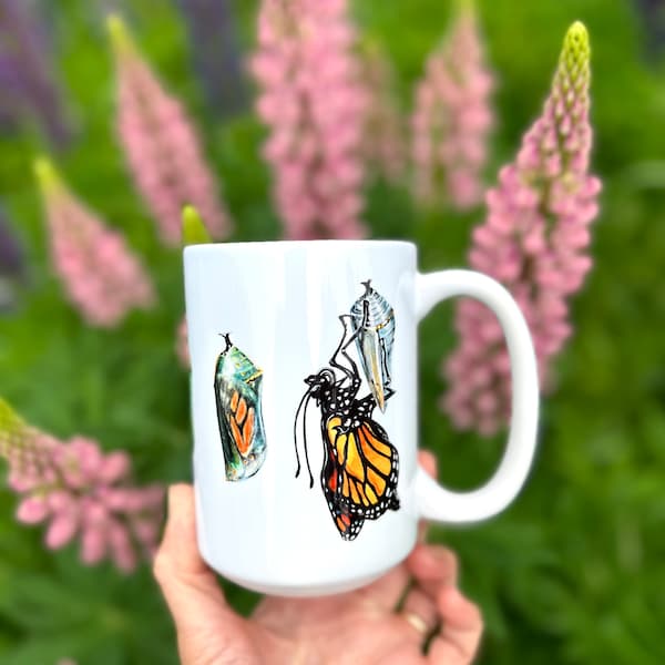 Monarch Butterfly Ceramic Mug, Monarch Metamorphosis Coffee Mug, 15 oz. Full Mug Design