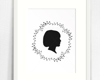 Custom Silhouette (from your photo) - Single Profile Portrait with wreath - Digital File - print yourself -