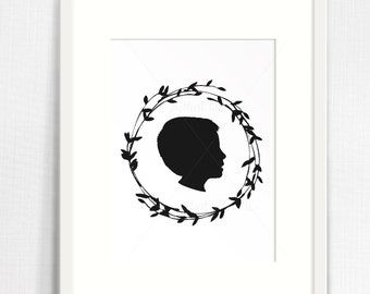 Custom Silhouette (from your photo) - Single Profile Portrait with wreath - Digital File - print yourself -