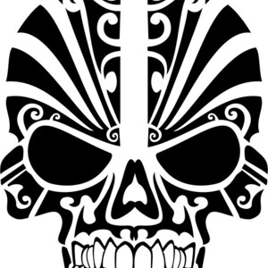 May include: Black and white skull design with intricate tribal patterns. The skull has a fierce expression with sharp teeth.