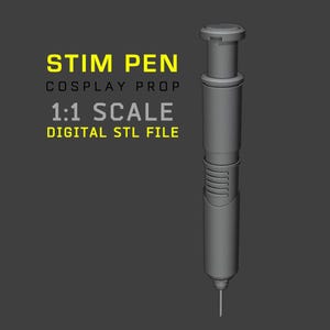 May include: A gray cylindrical stim pen cosplay prop with a plunger top and a needle tip. The text reads: STIM PEN, COSPLAY PROP, 1:1 SCALE, DIGITAL STL FILE. The object features a ribbed grip section and a smooth, uniform matte gray finish.