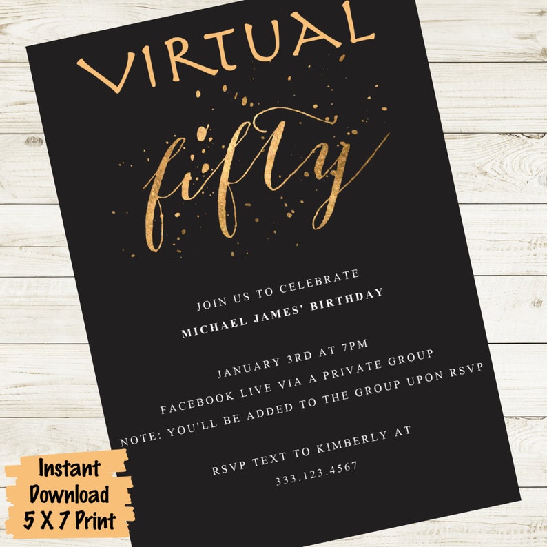 Virtual Birthday Party Invitation Black and Gold Invite 21st Etsy