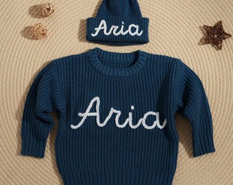 Personalized Toddler Sweater & Beanie Set, Custom Name Baby Sweater, Handmade Kids Knit Gift