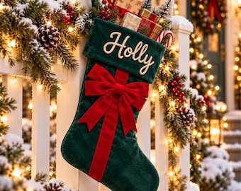 Custom Christmas Stocking with Velvet Bow and Handmade Yarn Name