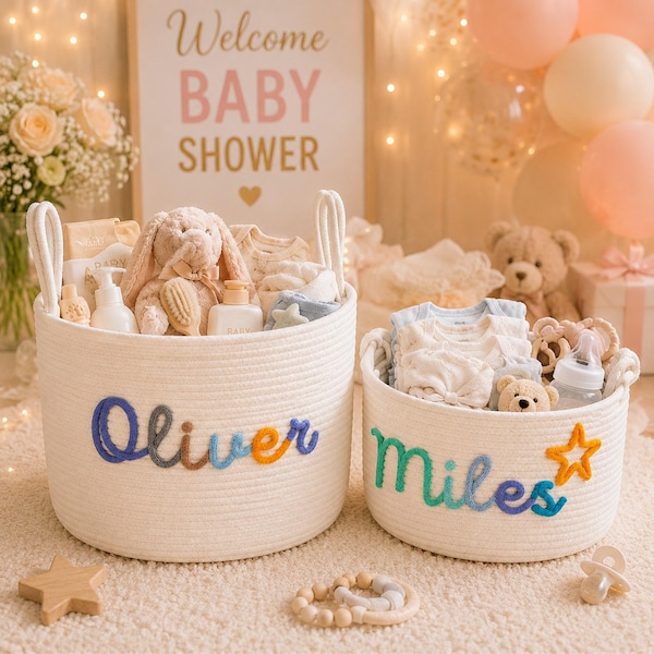 Personalized Baby Basket with 3D Name : Custom Baby Shower Gift Basket, Cotton Rope Nursery Storage Organizer, Teacher's Day Gift
