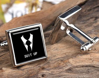 Suit up cufflinks, Suit Tie Tacks Groom Groomsmen Accessories cufflinks and tie clip wedding cuff links Golden Silver Square cufflinks