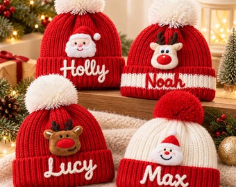 Personalisierte Kindermütze, Weihnachtsstrickmütze mit Bommel und individuellem Namen