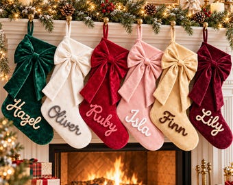 Personalized Velvet Christmas Stocking with Oversized Bow and Handmade Yarn Name