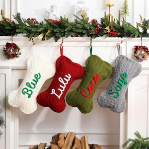 Personalized Pet Dog Christmas Stocking, Dog Bone Stockings, Bone Holiday Stocking for Dog, Christmas Gift, Knitted Dog Stockings