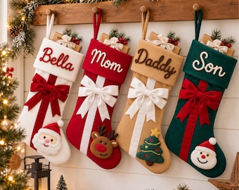 Custom Personalized Velvet Stocking with Handmade Yarn Name and Icon for Christmas