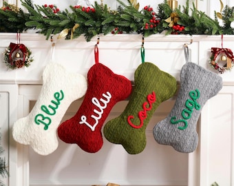 Personalized Pet Dog Christmas Stocking, Dog Bone Stockings, Bone Holiday Stocking for Dog, Christmas Gift, Knitted Dog Stockings