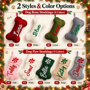 May include: A collection of personalized Christmas stockings in two styles: dog bone shapes in red, white, green, and grey, and dog paw shapes in pink, white, green, beige, and grey. Each stocking features a cable knit texture and embroidered names.