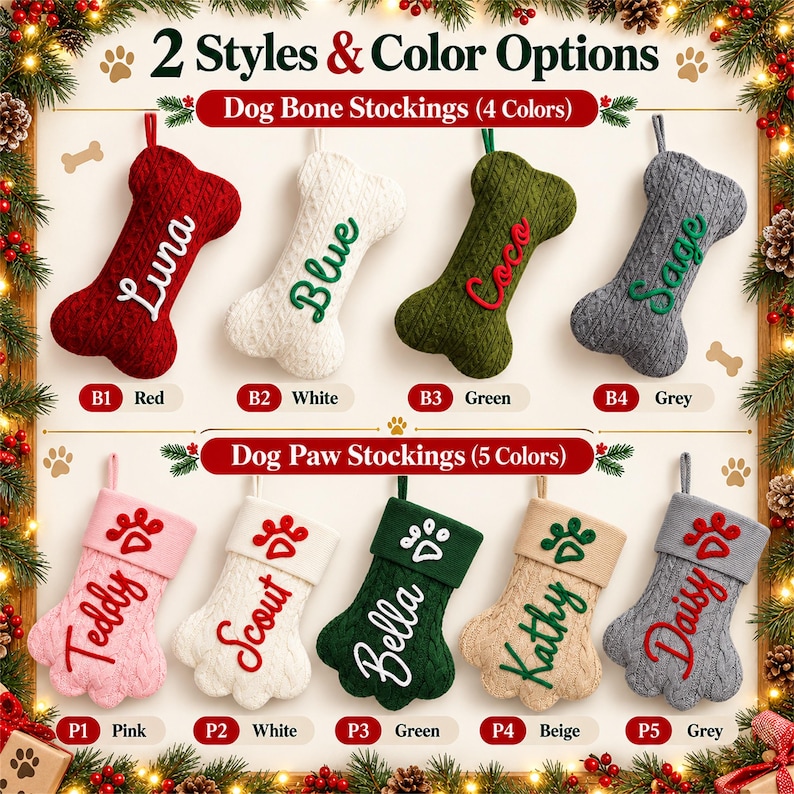 May include: A collection of personalized Christmas stockings in two styles: dog bone shapes in red, white, green, and grey, and dog paw shapes in pink, white, green, beige, and grey. Each stocking features a cable knit texture and embroidered names.