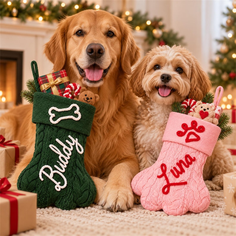 May include: A dark green knit Christmas stocking with a white bone applique and the name Buddy embroidered in white, and a light pink knit Christmas stocking with a red paw print applique and the name Luna embroidered in red.