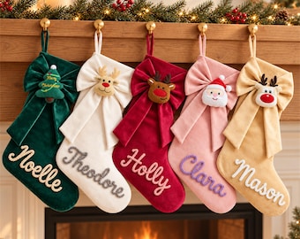 Custom Velvet Christmas Stocking with Oversized Bow, Handmade Yarn Name and Icon
