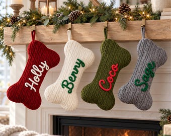Custom Dog Christmas Stocking, Personalized Knit Pet Stocking, Bone or Paw Design