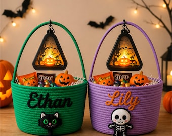 Personalized Halloween Basket with Lantern, Custom Name Trick or Treat Candy Bucket, Kids Halloween Gift, Reusable Rope Basket for Candy