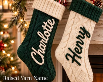 Custom Personalized Christmas Stocking with Cable Knit Texture and Handmade Name