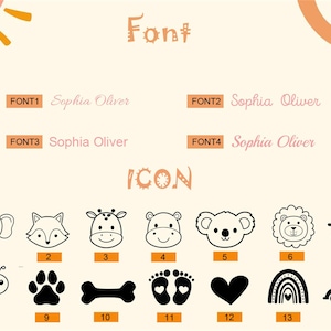 May include: A beige graphic with the word "Font" and "Icon" in orange. The image displays four font options with the name "Sophia Oliver" and fourteen black and white icon options, including animals, paw prints, and a car.
