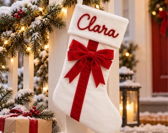 Family Christmas Stocking with Custom Yarn Name and Velvet Bow