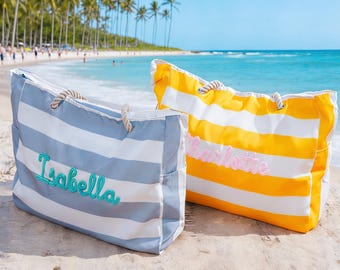 Personalized Party Favor Gift Tote , Mother's Day Gift, Custom Beach Bag with Zipper, Stripe Pool Tote, Girls Trip Bag, Summer Vacation Gift