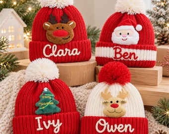Personalized Kids Christmas Beanie, Custom Name Winter Hat with Plush Ornament, Toddler Holiday Hat, Christmas Gift for Boys Girls