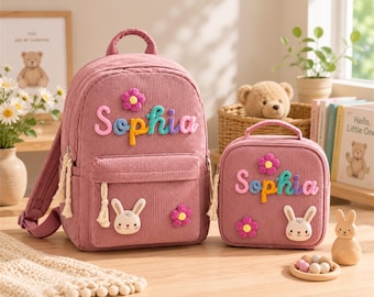 Gepersonaliseerde corduroy peuterrugzak en lunchtas set: aangepaste schooltas met kindernaam