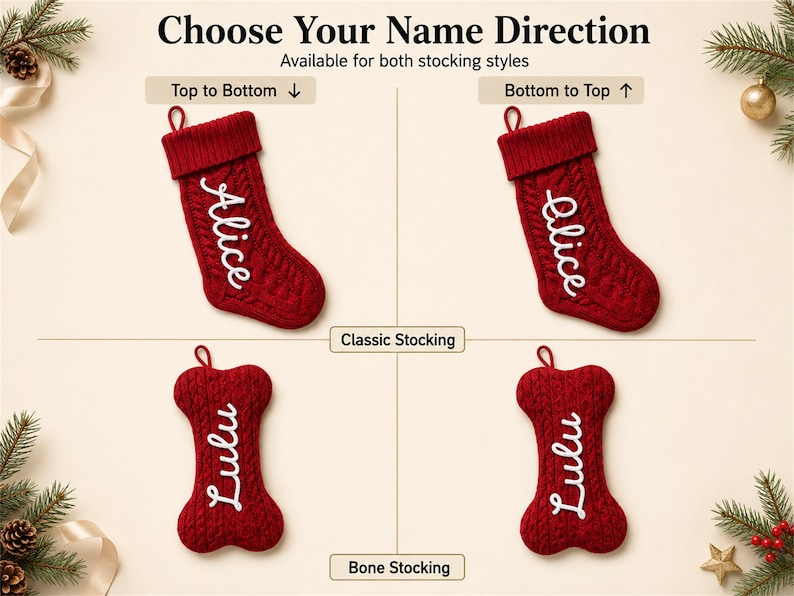 May include: Four red cable-knit stockings, two in a classic boot shape and two in a bone shape, featuring white embroidered names. Text labels include Choose Your Name Direction, Top to Bottom, Bottom to Top, Classic Stocking, and Bone Stocking.