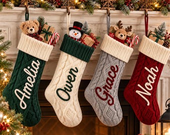 Personalized Family Christmas Stocking with Custom Yarn Name, Large Cable Knit Sock
