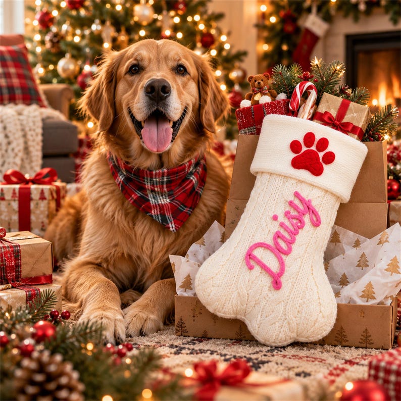 May include: A golden retriever wearing a red and green plaid bandana sits beside a cream-colored, bone-shaped Christmas stocking. The stocking features a red paw print on the cuff and the name Daisy embroidered in pink script lettering.