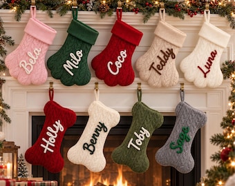 Personalized Dog Christmas Stocking, Custom Pet Name Knit Stocking, Dog Bone or Paw Stocking