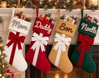 Personalized Velvet Christmas Stocking with Bow and Handmade Yarn Name